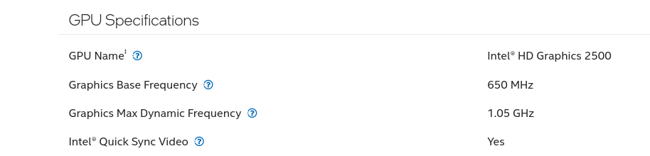 A screenshot of the Intel webpage describing my GPU specifications.