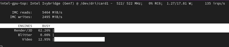 A screenshot of the intel_gpu_tool being run. 