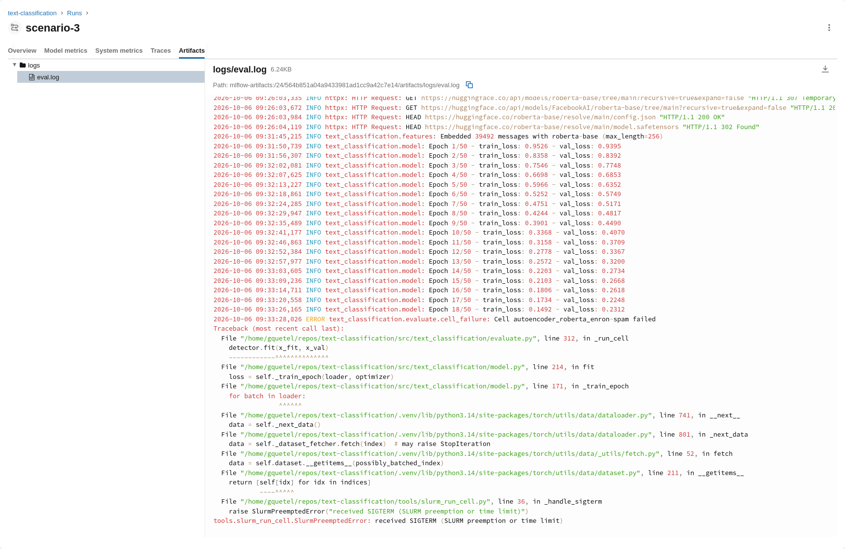 Log of the failed scenario-3 run in the MLflow artifacts tab, ending with a SLURM preemption traceback.